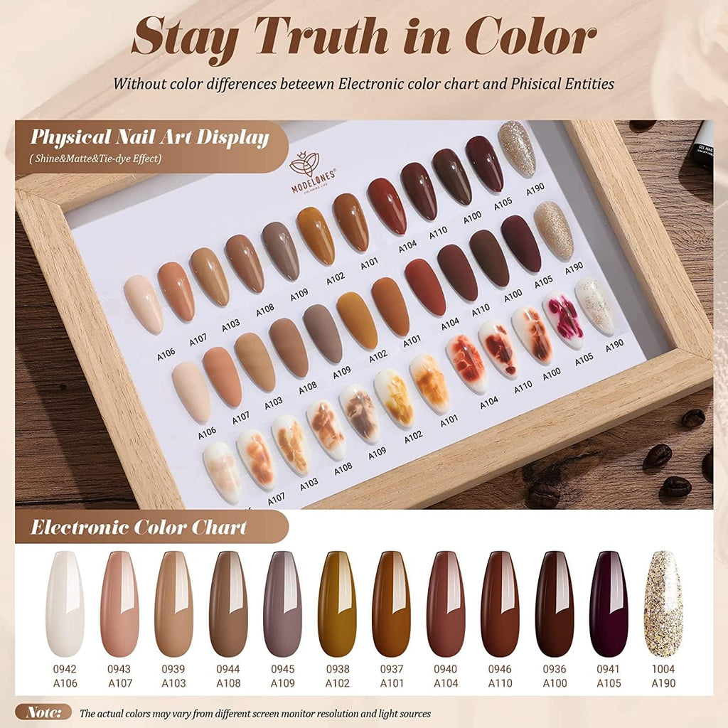 Modelones Gel Nail Polish Set — 12 Winter Neutral Browns with Gold Glitter | 7ml Bottles