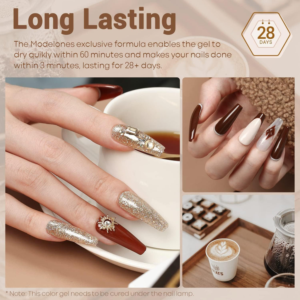 Modelones Gel Nail Polish Set — 12 Winter Neutral Browns with Gold Glitter | 7ml Bottles