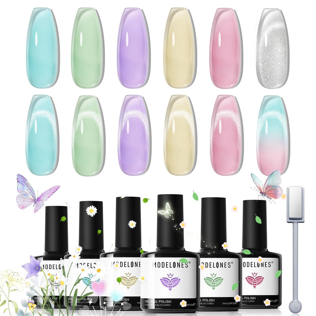 modelones Gel Nail Polish Set — 6 Colors for Spring 2026, Silver Cat Eye & Jelly Pastels