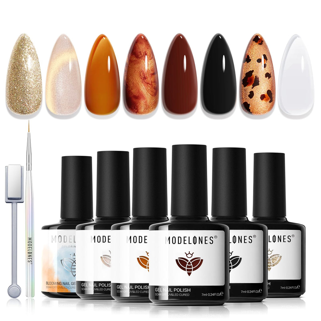 Modelones Gel Nail Polish Set – 6 Colors, Magnet & Liner Pen (Leopard Theme)