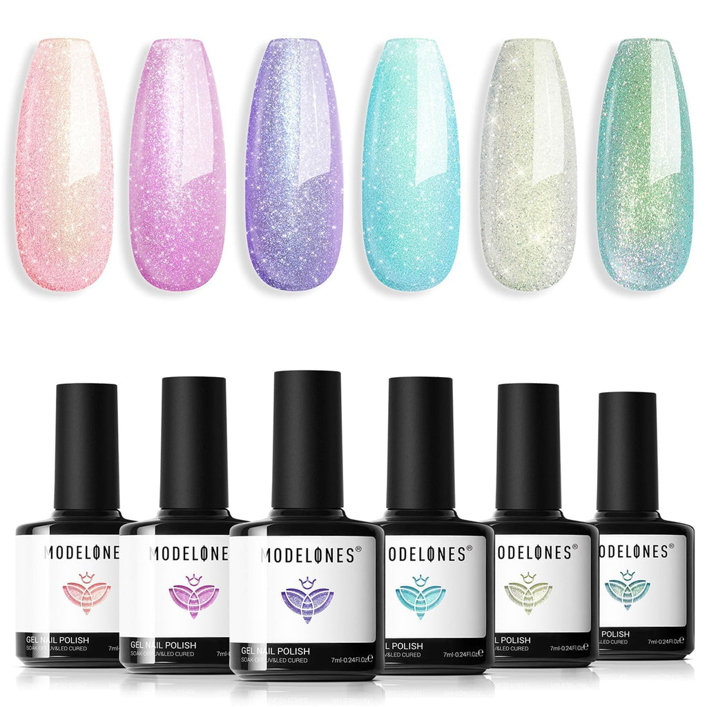 Modelones Gel Nail Polish Set — 6 Spring Pastel Colors with Chameleon Glitter