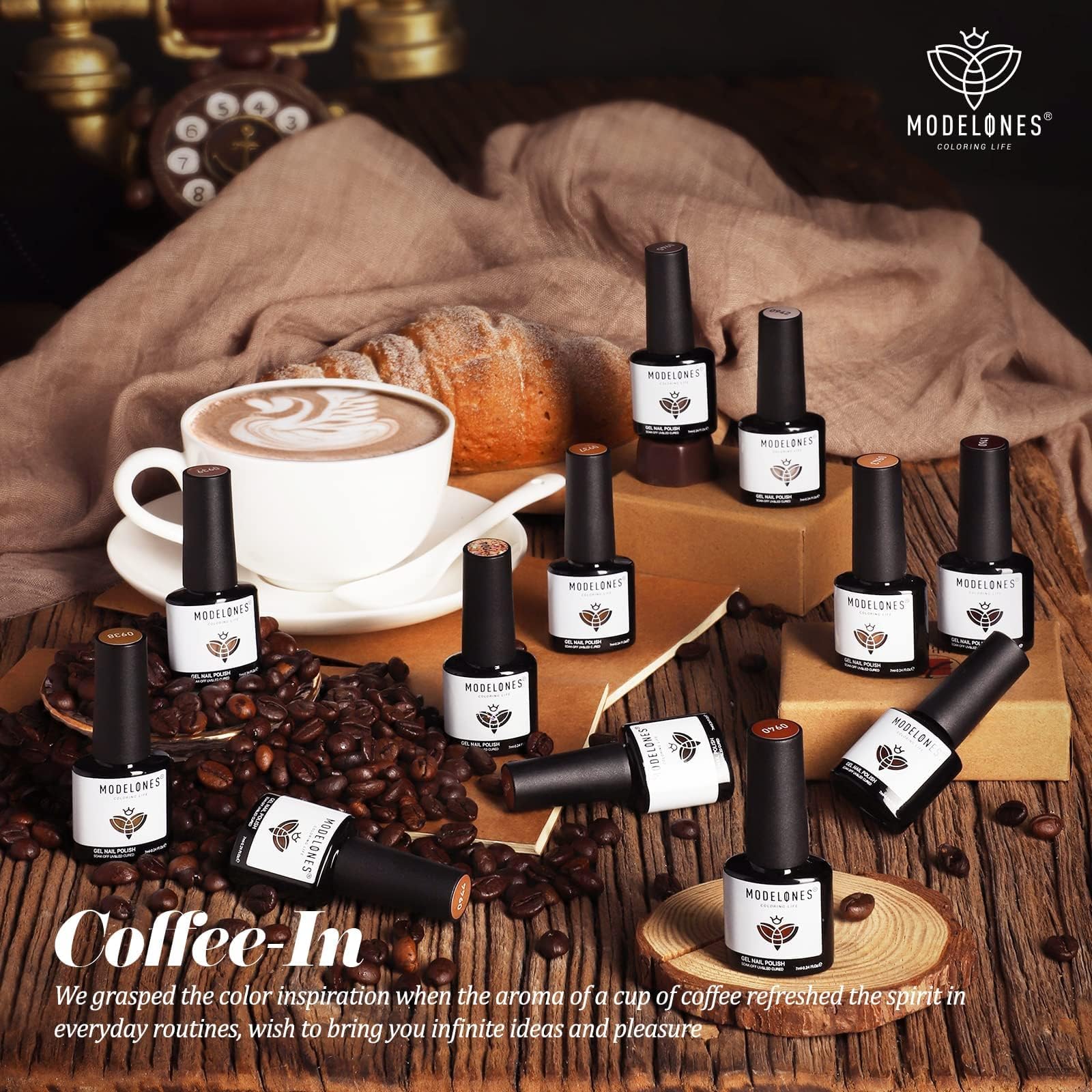 Modelones Gel Nail Polish Set — 12 Winter Neutral Browns with Gold Glitter | 7ml Bottles