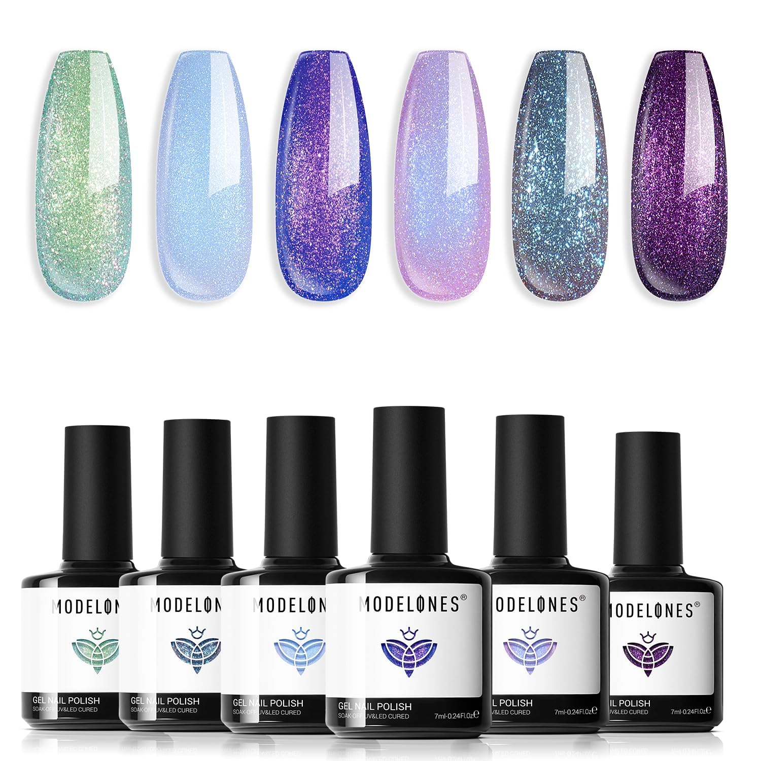 Modelones Gel Nail Polish Set – 6 Aurora Chameleon Glitter Polishes for Shifting Color Effects