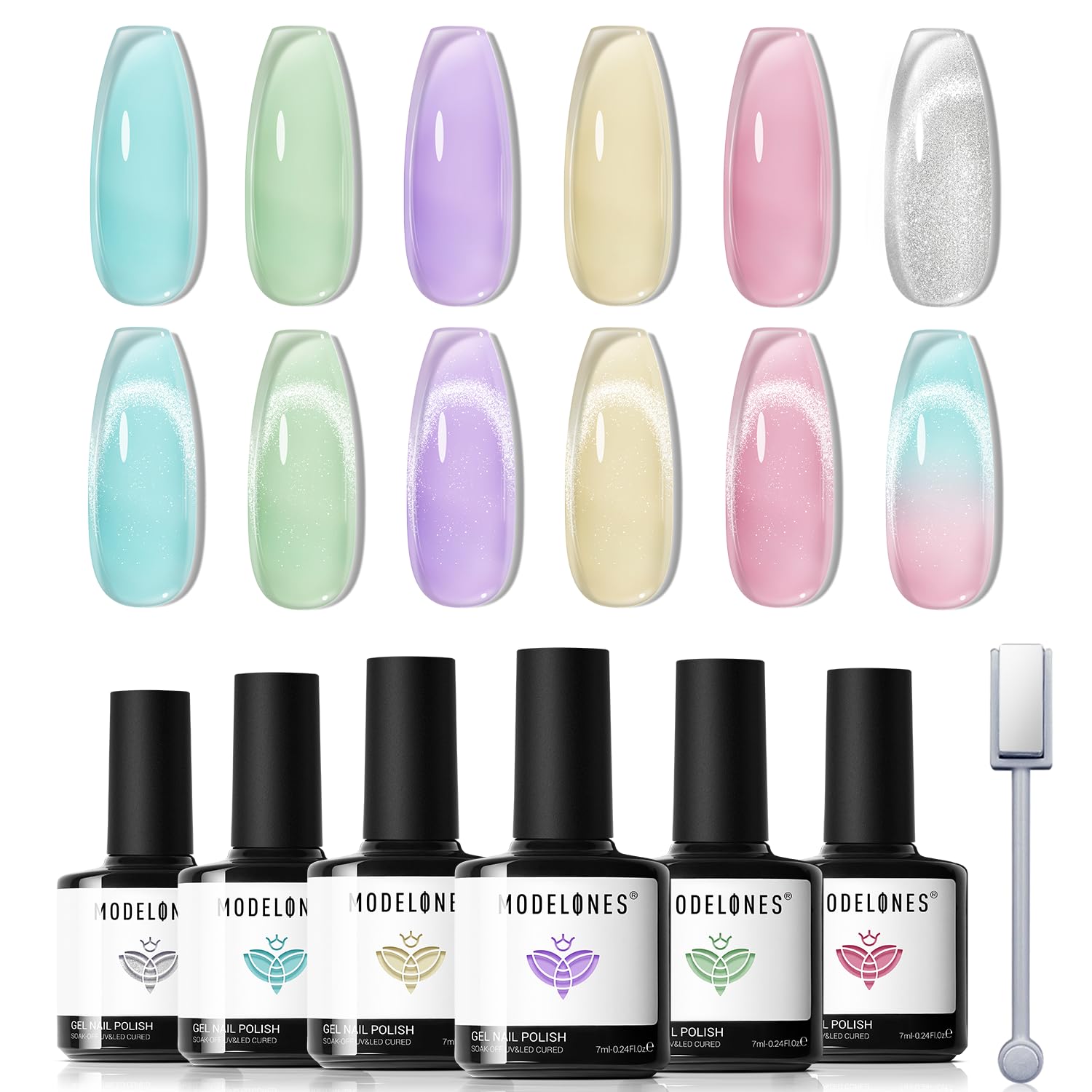 modelones Gel Nail Polish Set — 6 Colors for Spring 2026, Silver Cat Eye & Jelly Pastels