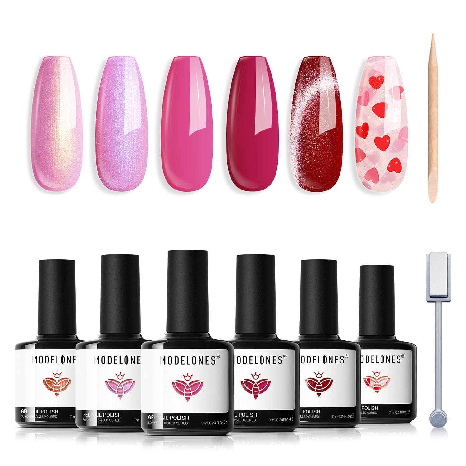 Modelones Gel Nail Polish Set – 6 Cat Eye Colors with Magnet & Wooden Pen