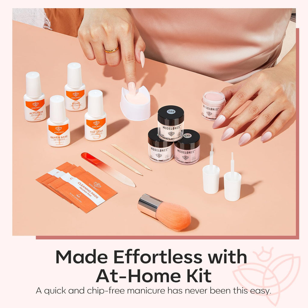 Modelones Dip Powder Nail Kit – 4-Color Nude Pink Glitter Set with Liquid & Tools, No Lamp Needed, DIY Home Manicure