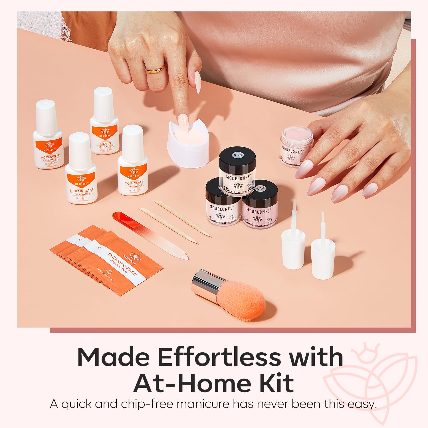 Modelones Dip Powder Nail Kit – 4-Color Nude Pink Glitter Set with Liquid & Tools, No Lamp Needed, DIY Home Manicure