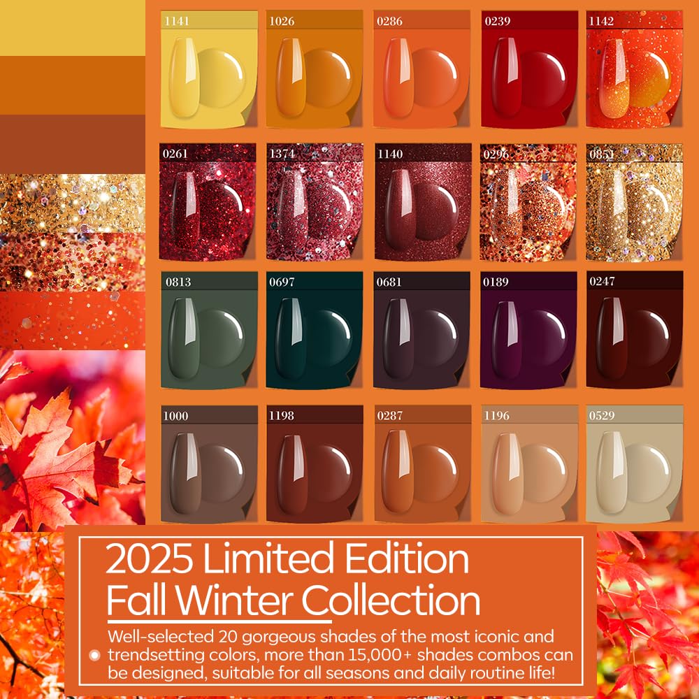 Modelones 20 Colors Gel Nail Polish Kit – Fall/Winter Set with Glitter, Glossy & Matte Top Coats, No-Wipe Base, DIY Manicure at Home