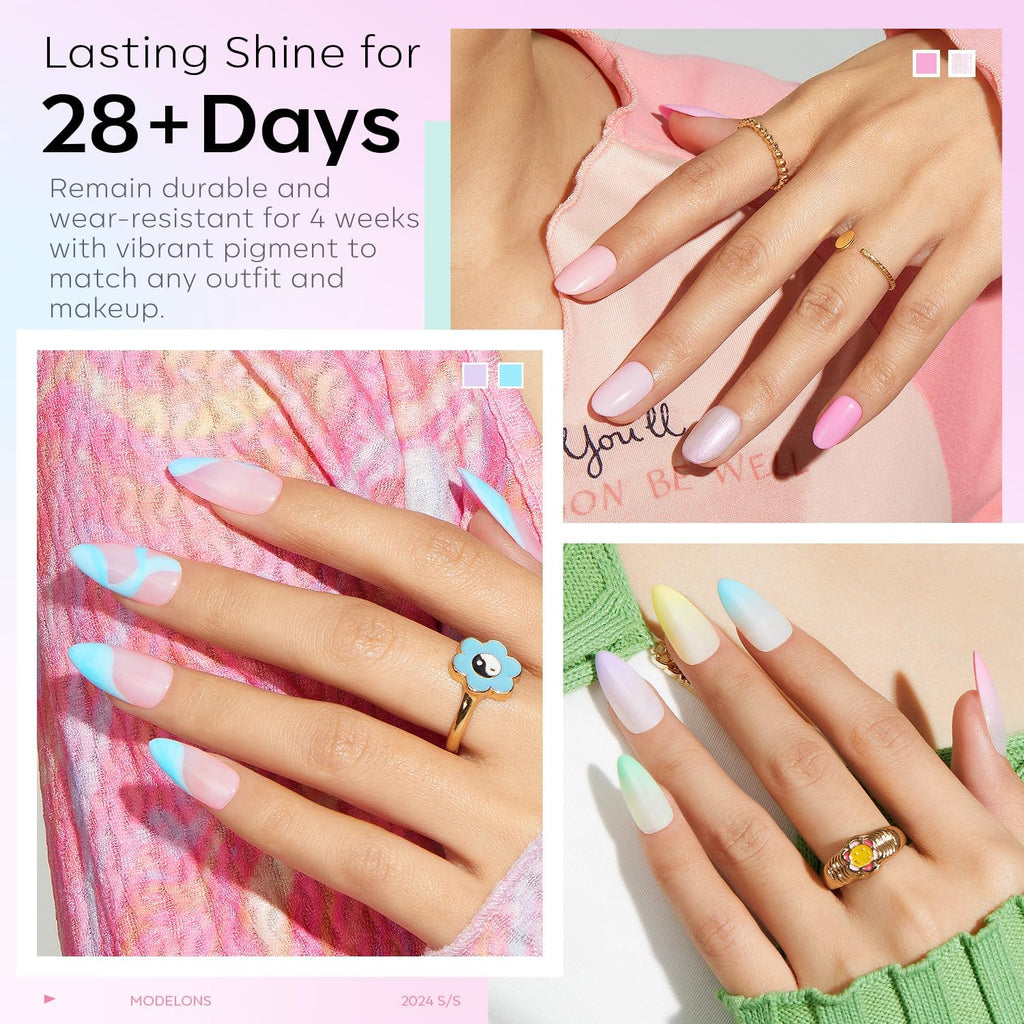 Modelones 32 PCS Spring Gel Nail Polish Set – 28 Pastel Colors + 4 Top/Base Coats (No Wipe, Glitter, Glossy, Matte) | LED Soak-Off Kit