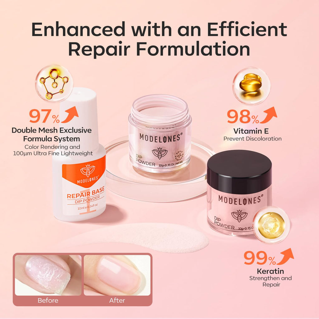 Modelones Dip Powder Nail Kit – 4-Color Nude Pink Glitter Set with Liquid & Tools, No Lamp Needed, DIY Home Manicure