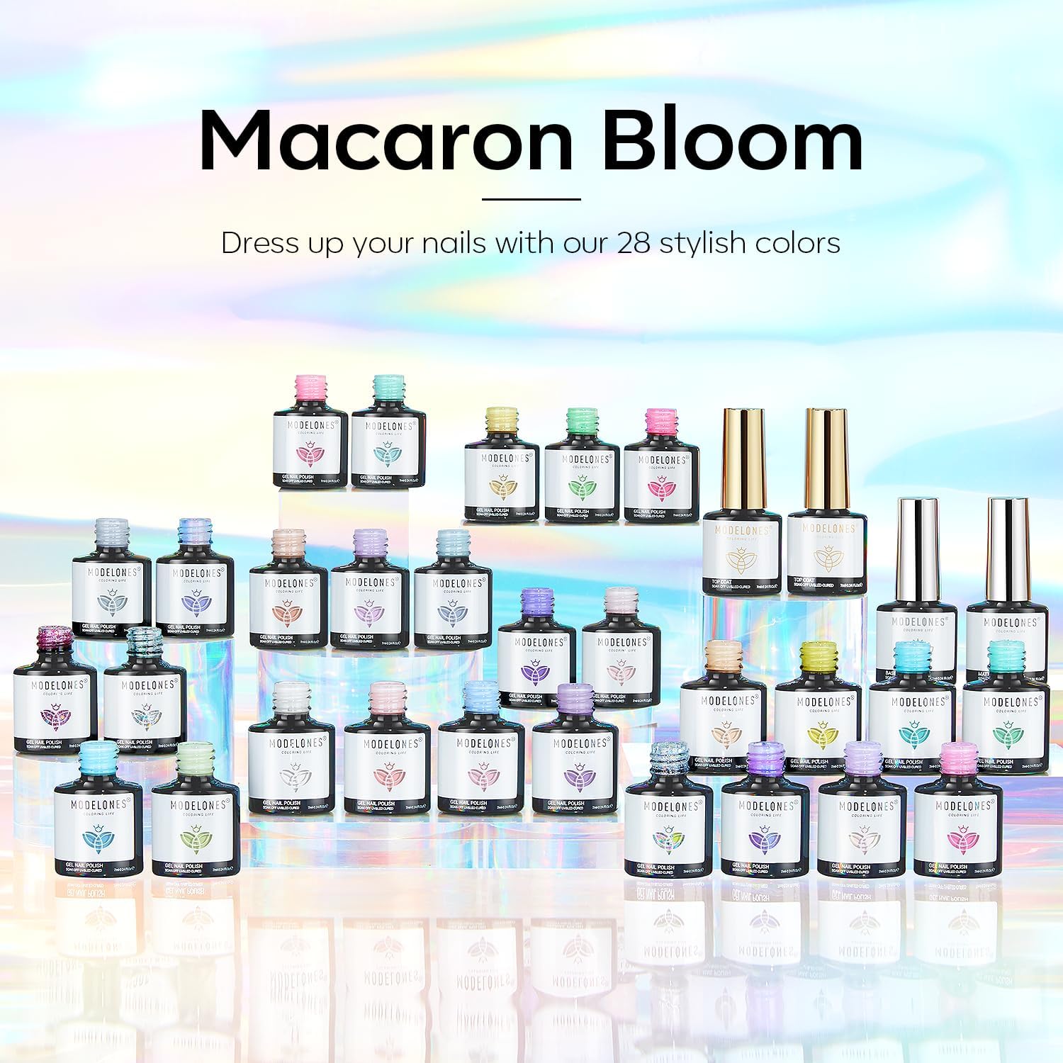 Modelones 32 PCS Spring Gel Nail Polish Set – 28 Pastel Colors + 4 Top/Base Coats (No Wipe, Glitter, Glossy, Matte) | LED Soak-Off Kit