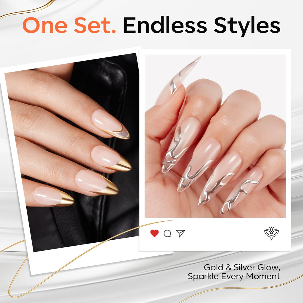 modelones Chrome Gold Silver Gel Liner Nail Polish – Metallic Mirror Nail Art Kit with Double Head Brush