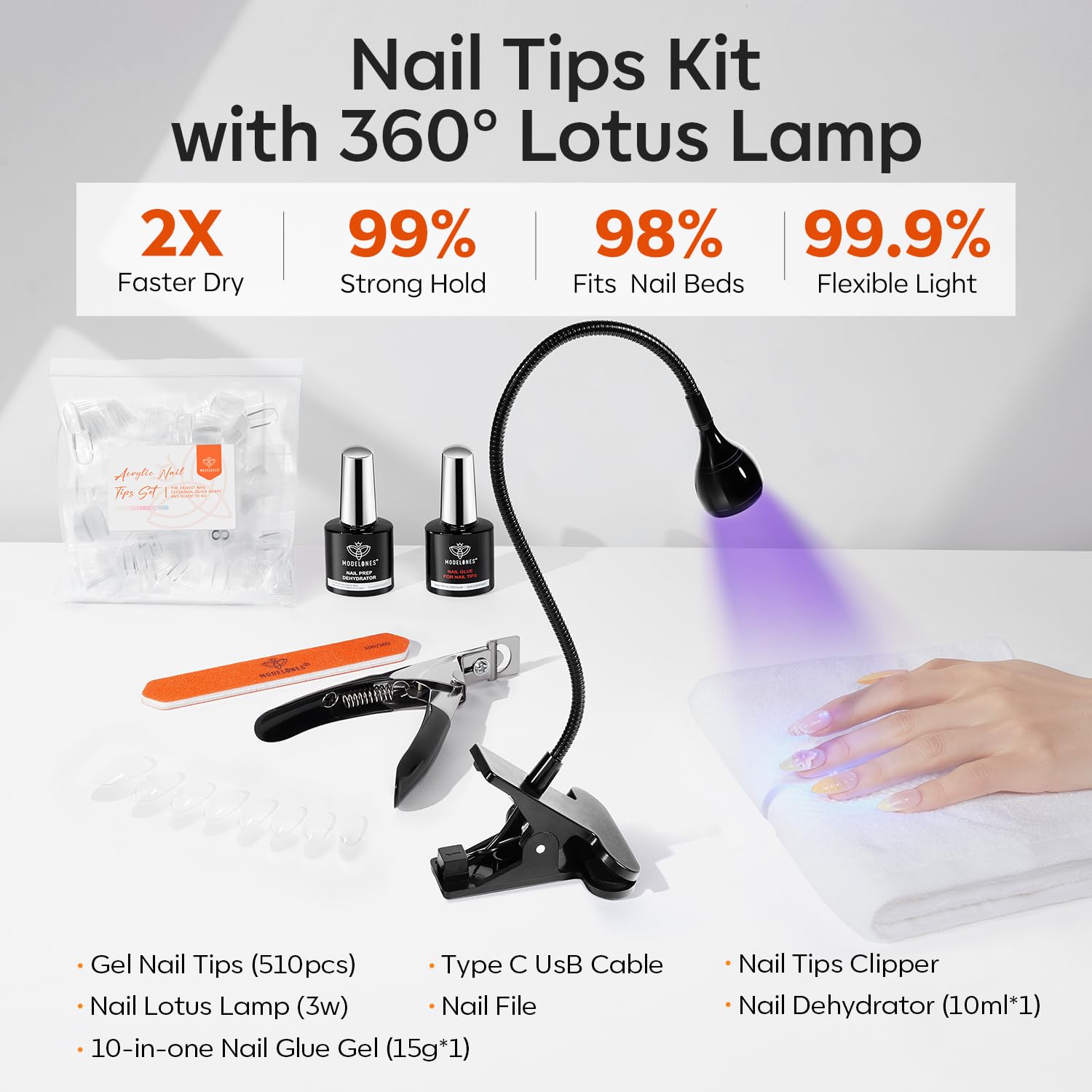 Modelones X Nail Gel Kit Almond: 510 Tips, Gooseneck LED Lamp, 10-in-1 Glue & Dehydrator