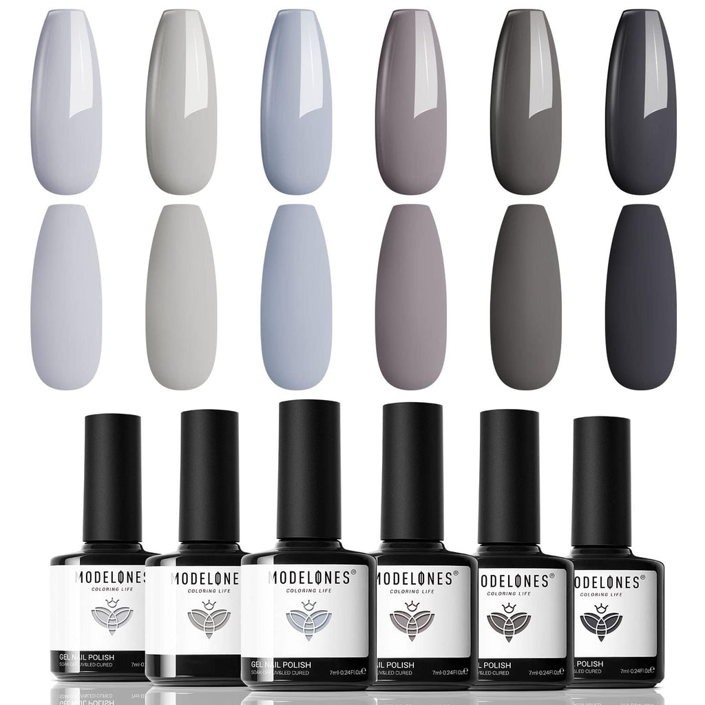 Modelones Grey Gel Nail Polish Set – 6 Colors (Winter Gray Tones) | Soak Off LED Kit