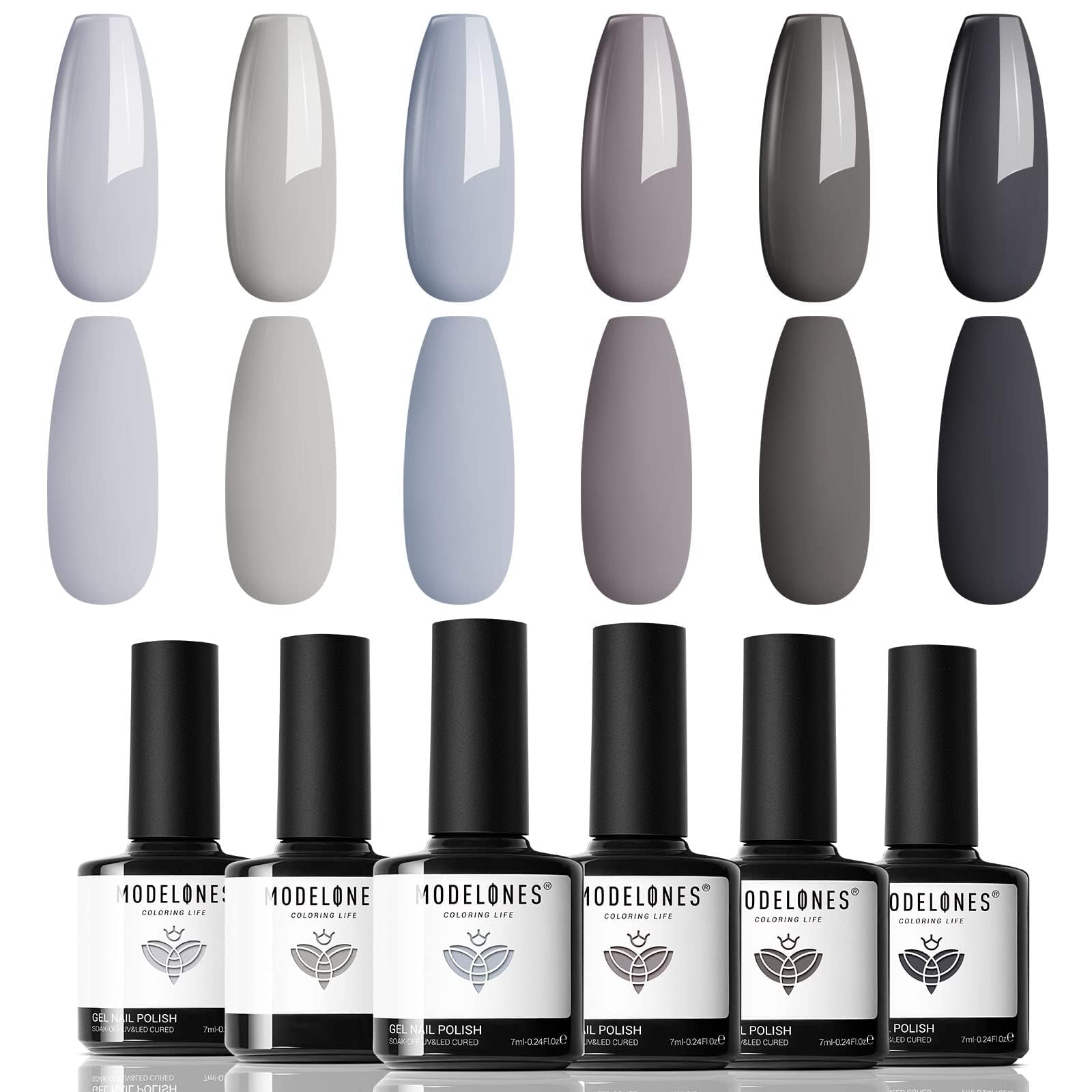 Modelones Grey Gel Nail Polish Set – 6 Colors (Winter Gray Tones) | Soak Off LED Kit
