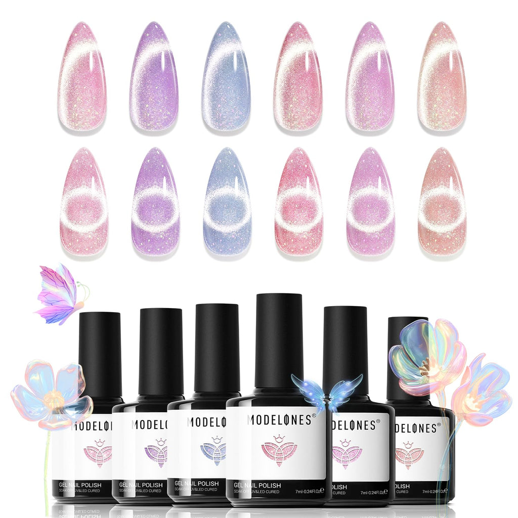 Modelones Holographic Cat Eye Gel Nail Polish Kit – 6-Color Rainbow Galaxy Set with Magnet