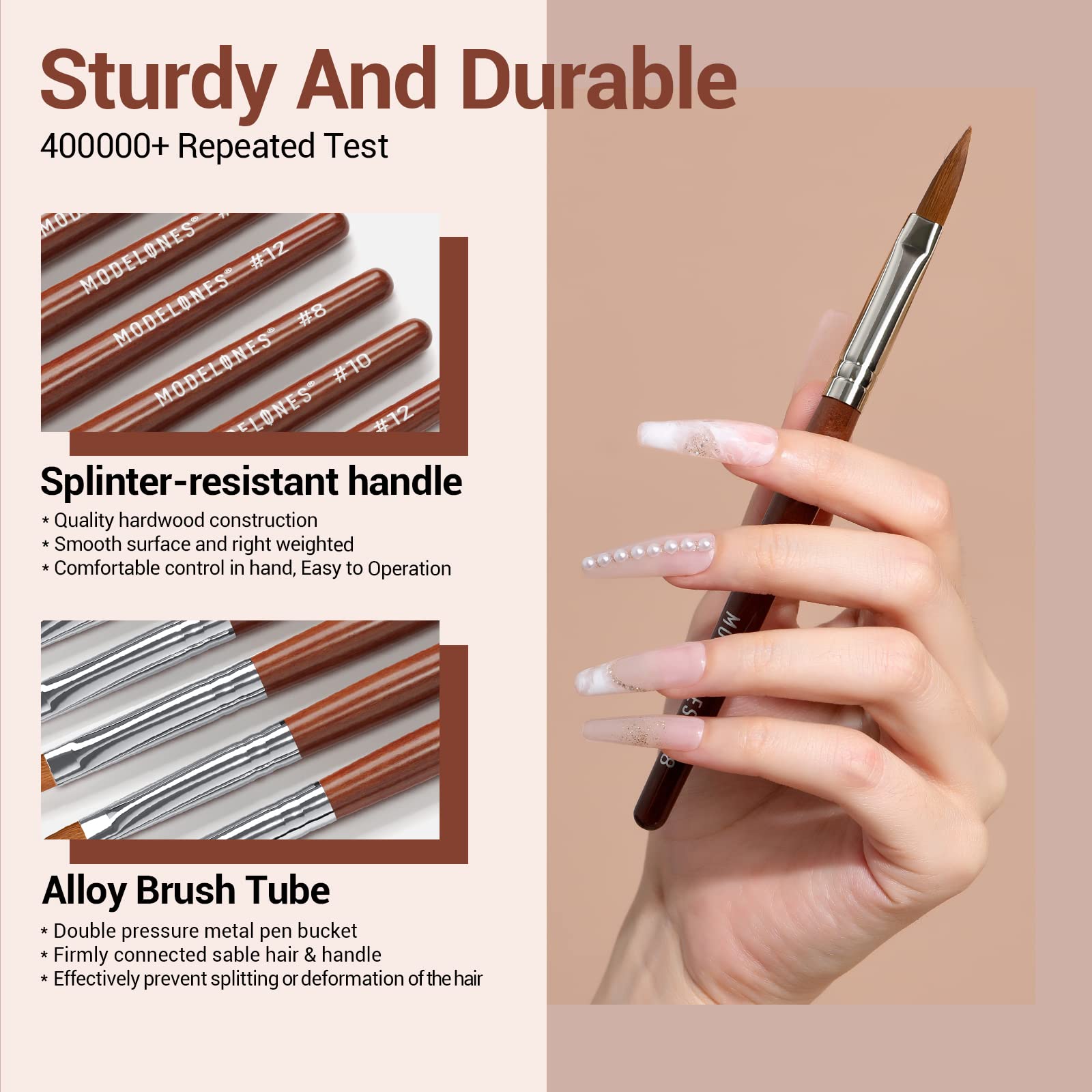 Modelones Kolinsky Acrylic Nail Brush Set – 3 Round Brushes (8/10/12) with Wooden Handle