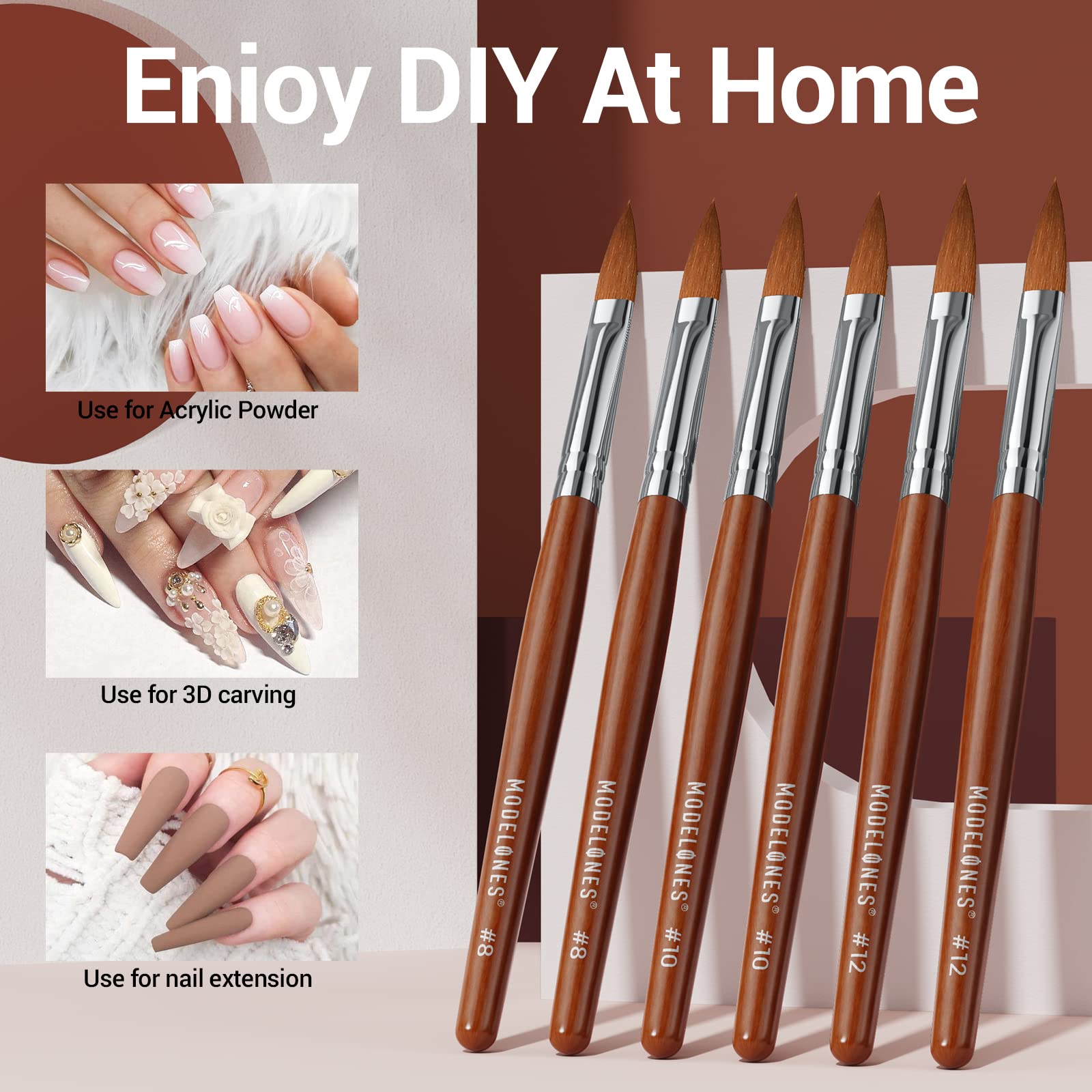 Modelones Kolinsky Acrylic Nail Brush Set – 3 Round Brushes (8/10/12) with Wooden Handle
