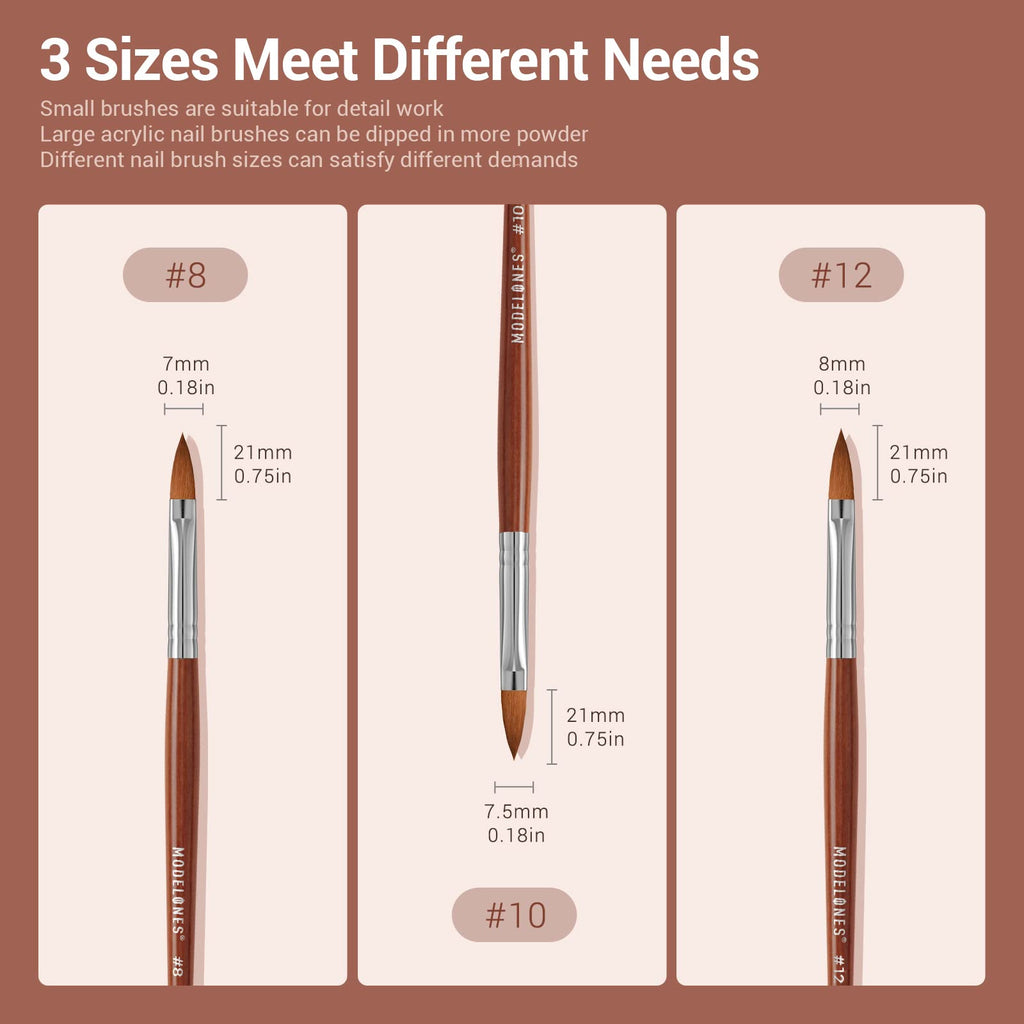 Modelones Kolinsky Acrylic Nail Brush Set – 3 Round Brushes (8/10/12) with Wooden Handle
