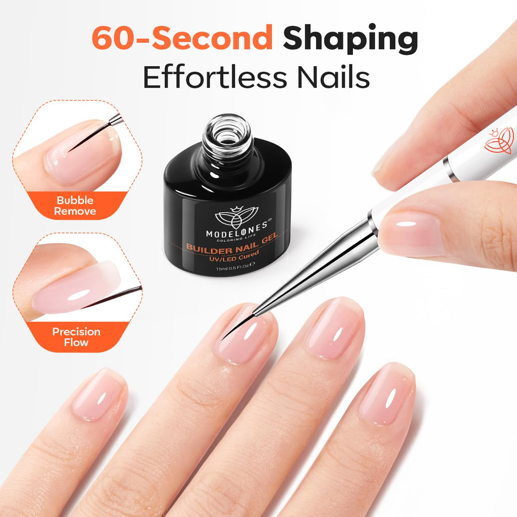 Modelones Builder Nail Gel 7-in-1 Clear Gel with 9mm Brush | 15ml, LED Curing