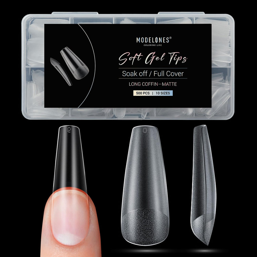 Modelones Long Coffin Nail Tips – 500 Pcs, 10 Sizes, Full Matte, Strong Adhesion for Natural-Looking Extensions