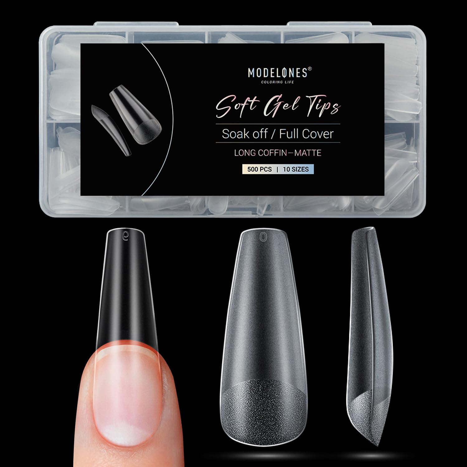 Modelones Long Coffin Nail Tips – 500 Pcs, 10 Sizes, Full Matte, Strong Adhesion for Natural-Looking Extensions