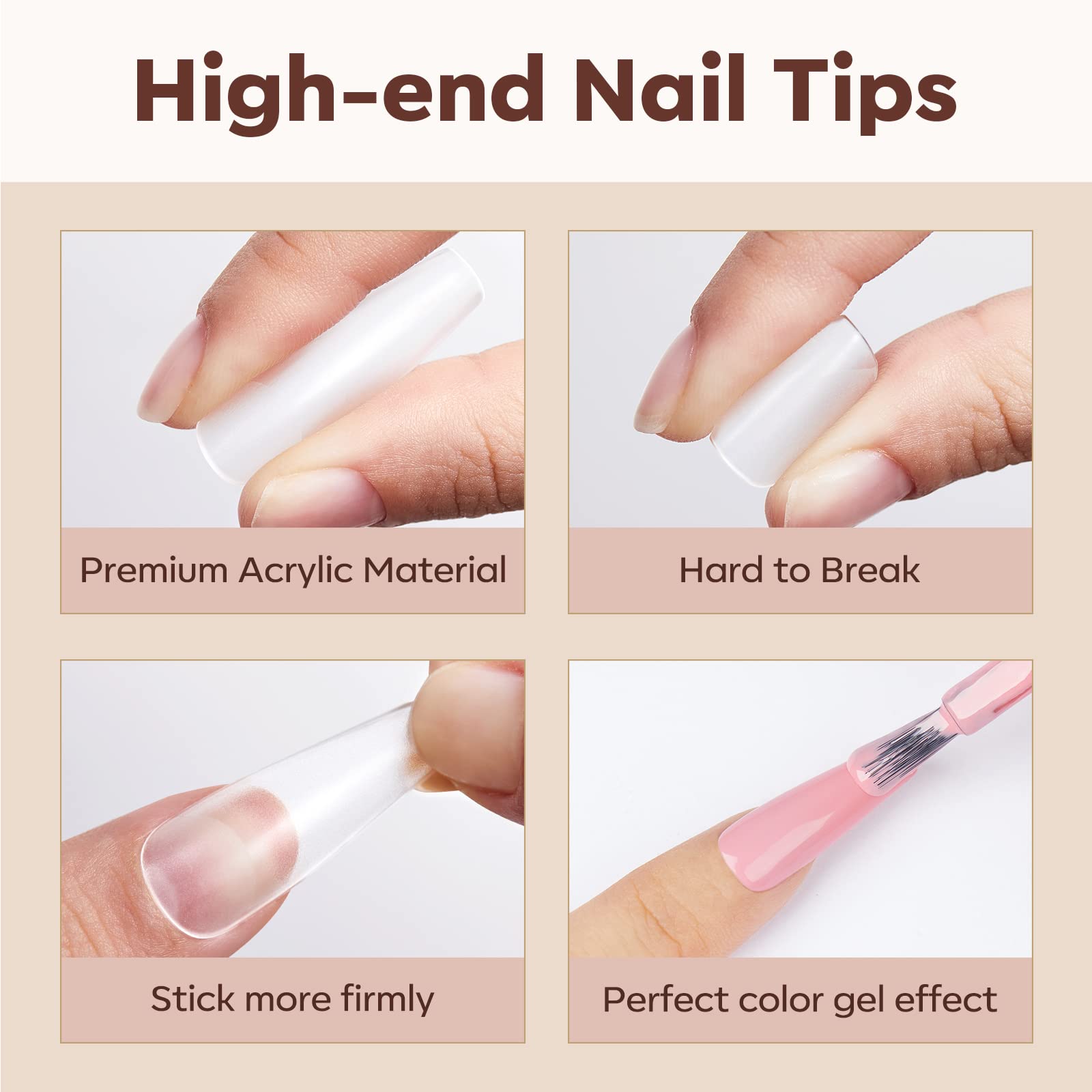 Modelones Long Coffin Nail Tips – 500 Pcs, 10 Sizes, Full Matte, Strong Adhesion for Natural-Looking Extensions