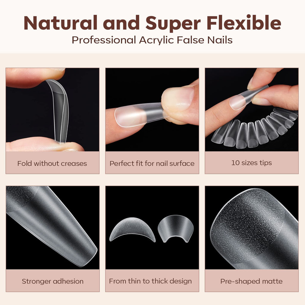 Modelones Long Coffin Nail Tips – 500 Pcs, 10 Sizes, Full Matte, Strong Adhesion for Natural-Looking Extensions