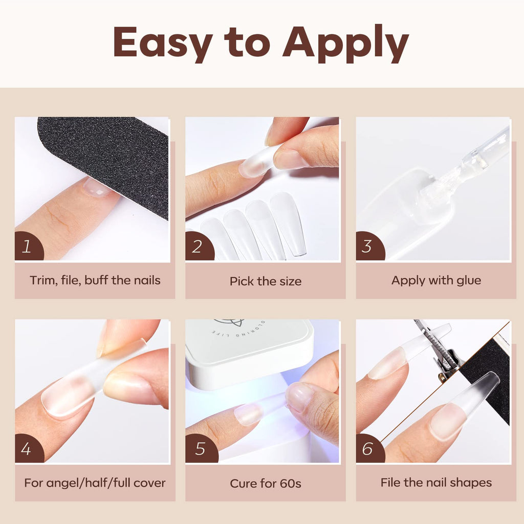Modelones Long Coffin Nail Tips – 500 Pcs, 10 Sizes, Full Matte, Strong Adhesion for Natural-Looking Extensions