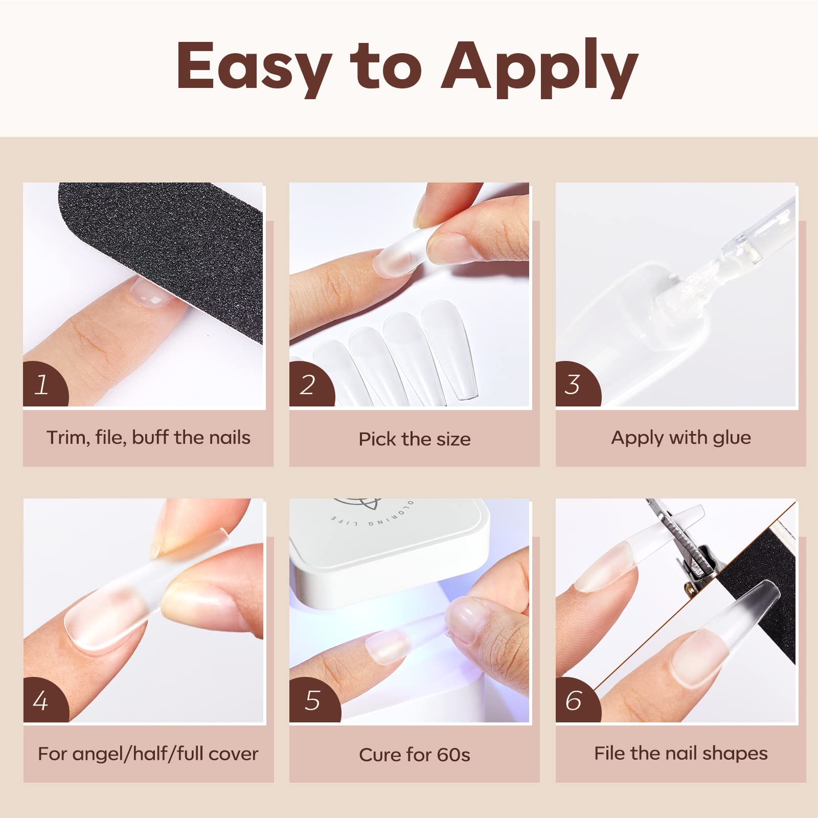 Modelones Long Coffin Nail Tips – 500 Pcs, 10 Sizes, Full Matte, Strong Adhesion for Natural-Looking Extensions