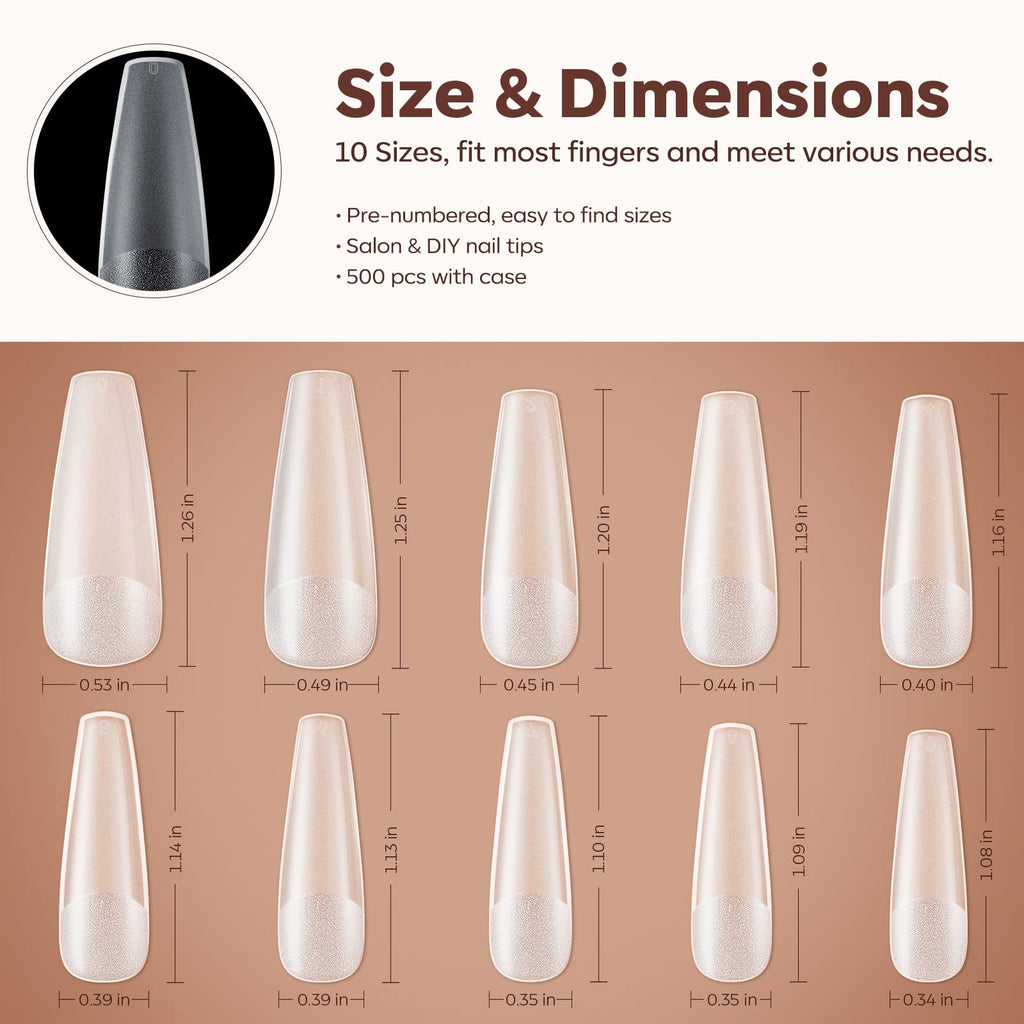 Modelones Long Coffin Nail Tips – 500 Pcs, 10 Sizes, Full Matte, Strong Adhesion for Natural-Looking Extensions