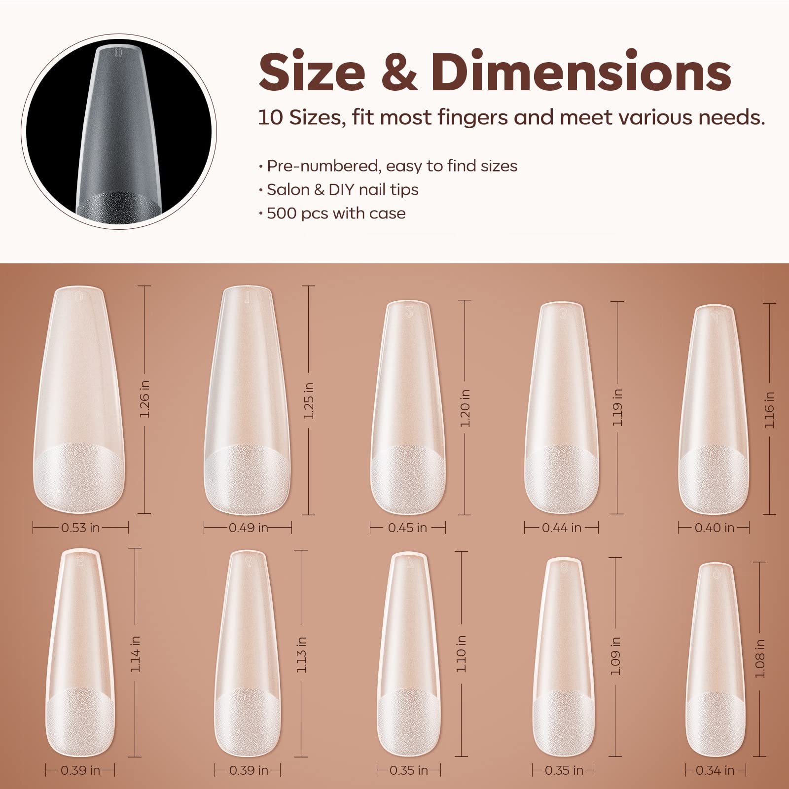 Modelones Long Coffin Nail Tips – 500 Pcs, 10 Sizes, Full Matte, Strong Adhesion for Natural-Looking Extensions