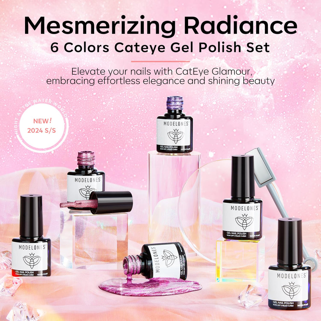 Modelones Holographic Cat Eye Gel Nail Polish Kit – 6-Color Rainbow Galaxy Set with Magnet