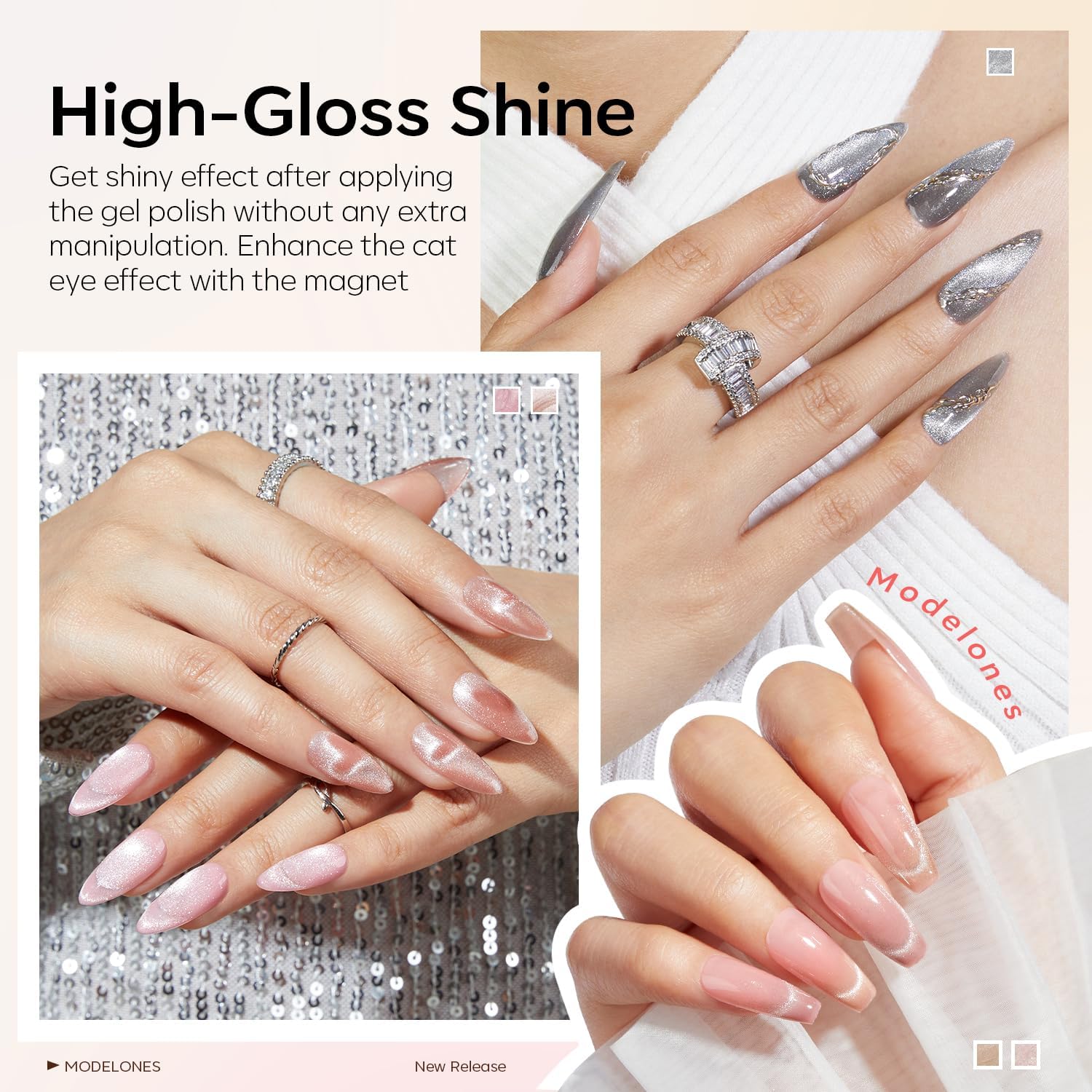 Modelones Cat Eye Gel Nail Polish Set — Holographic Glitter, 6 Colors + Magnet