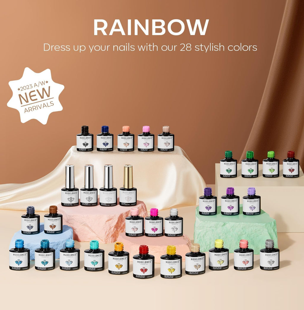 Modelones 32-Piece Gel Nail Polish Set – 28 Colors with No-Wipe Base, Glitter, Glossy & Matte Top Coats | Soak-Off LED Nail Kit at Home