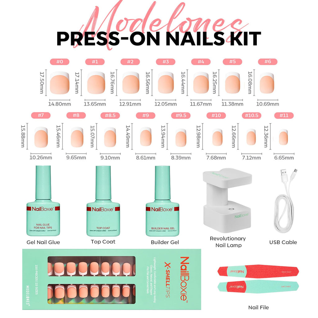 Modelones Gel Nail Kit with LED Light — 150 PCS, 15 Sizes, French Tip