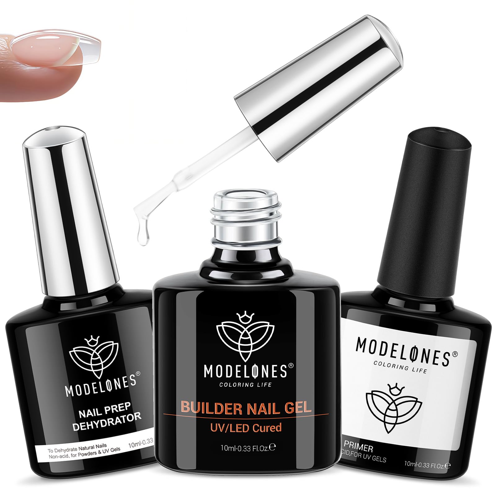 Modelones Nail Dehydrator, Primer & Builder Gel Kit – 3Pcs for Stronger, Lasting Nail Enhancements