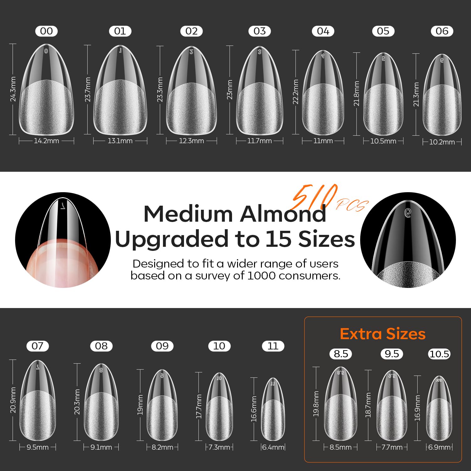 Modelones X Nail Gel Kit Almond: 510 Tips, Gooseneck LED Lamp, 10-in-1 Glue & Dehydrator