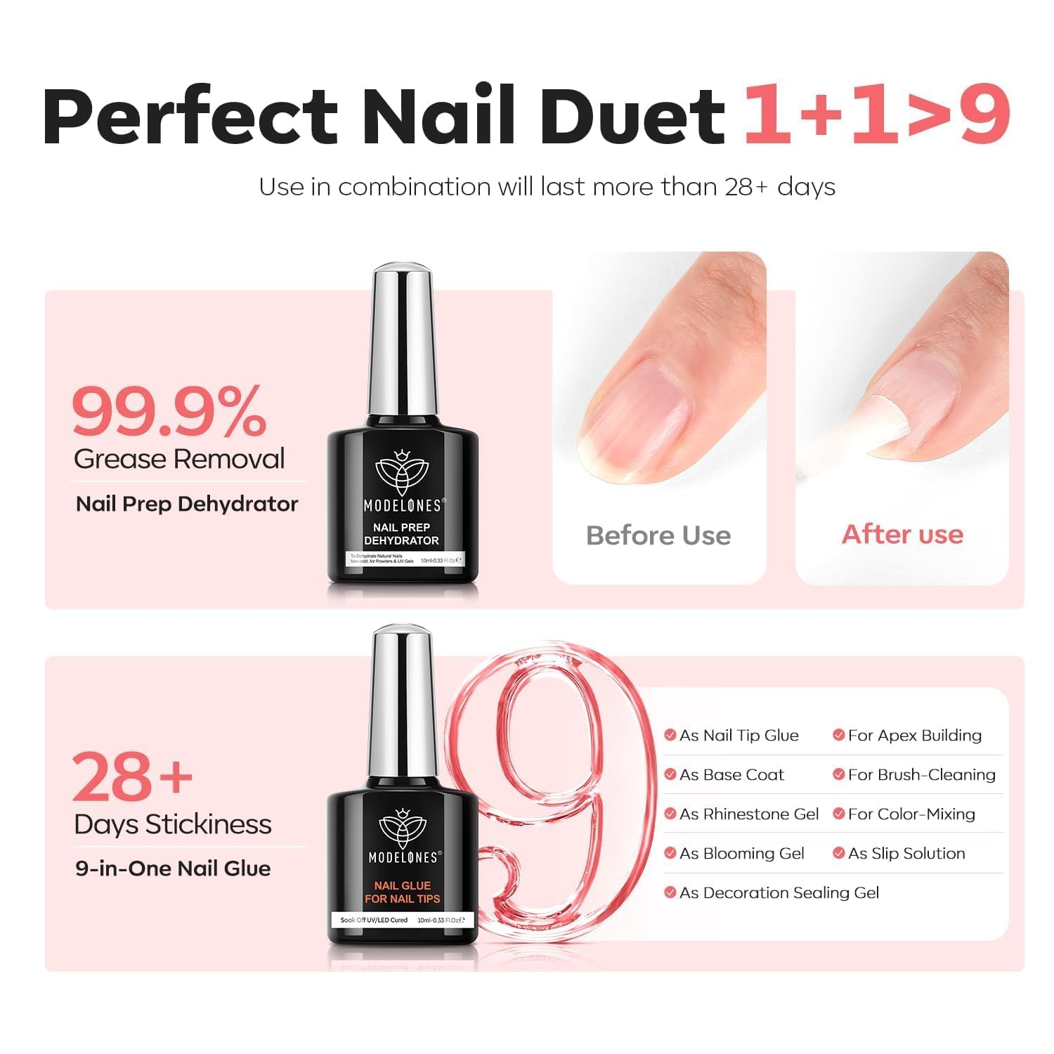 Modelones X Nail Gel Kit Almond – 15 Sizes, 9-in-One Glue, Portable UV/LED Lamp