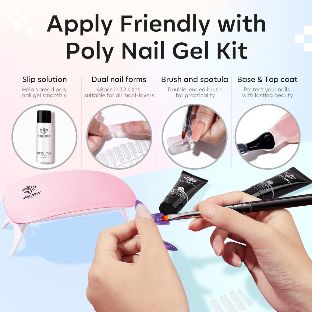 Modelones Poly Gel Nail Kit 60pcs – 6 Pastel Colors for Extensions, Nail Art & Manicure