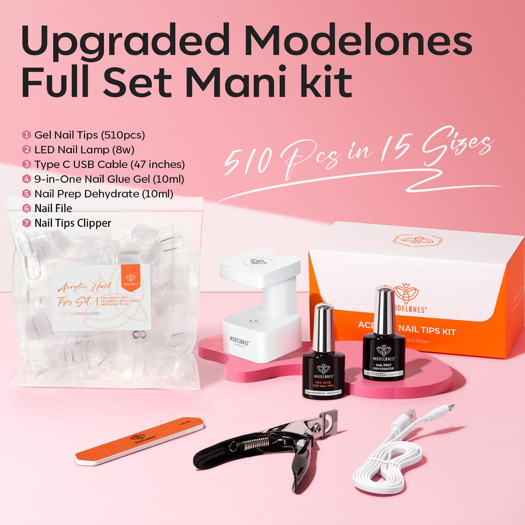 Modelones X Nail Gel Kit: 510 Short Oval Tips, 9-in-1 Glue, UV/LED Lamp