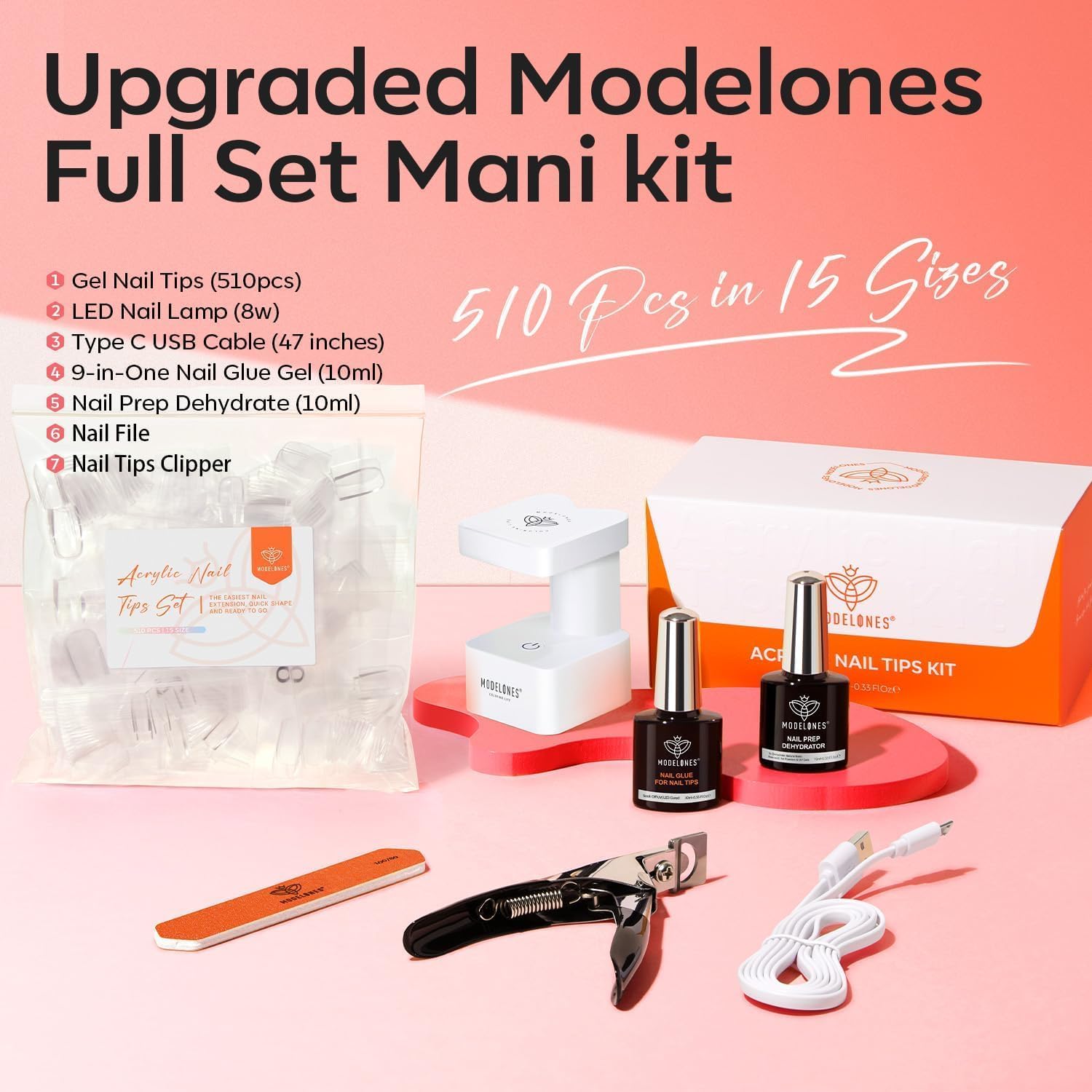 Modelones X Nail Gel Kit Almond – 15 Sizes, 9-in-One Glue, Portable UV/LED Lamp