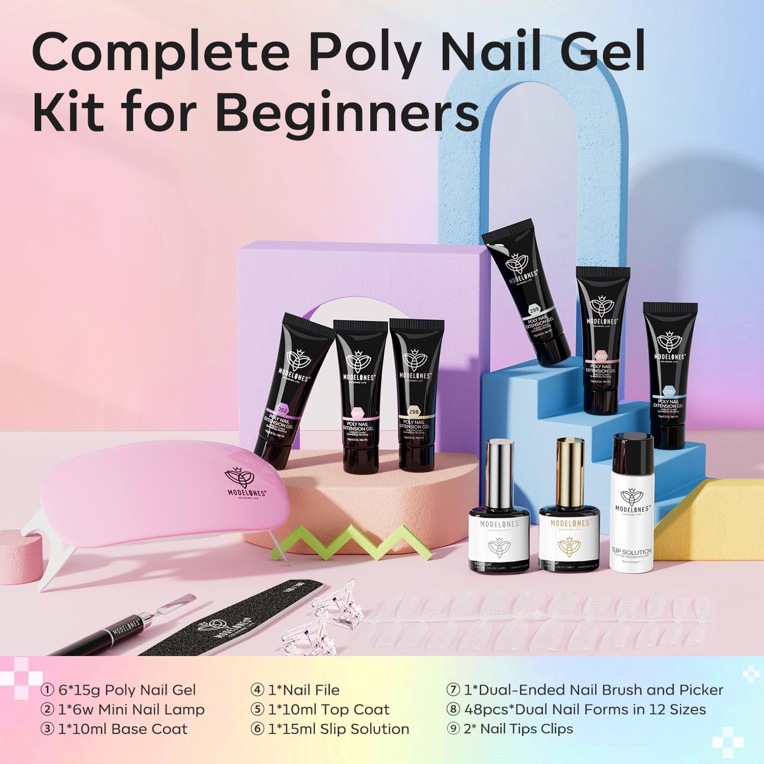 Modelones Poly Gel Nail Kit 60pcs – 6 Pastel Colors for Extensions, Nail Art & Manicure
