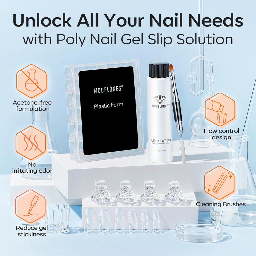 Modelones Slip Solution for Poly Gel – 2.8oz Anti-Stick Liquid with 120 Dual Nail Forms Kit
