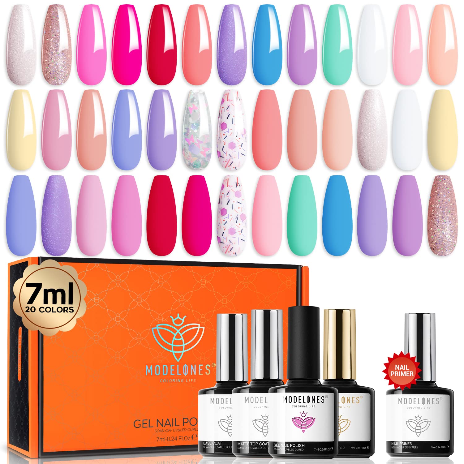 Modelones 24Pcs Neon Gel Nail Polish Set – 20 Colors Rainbow with Glitter, Glossy & Matte Top Coats + Base Coat, Soak-Off LED Kit for Home Salon