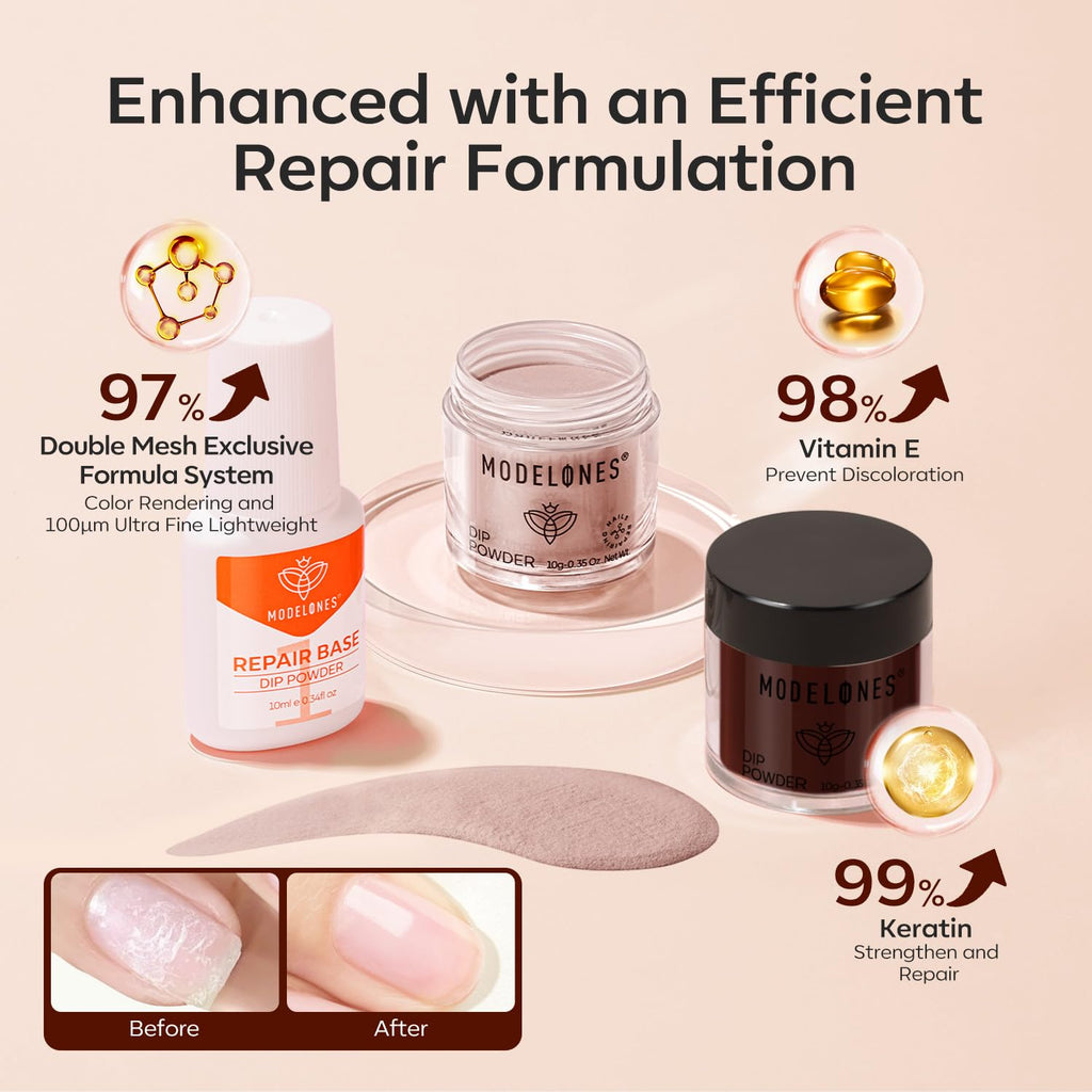 Modelones Dip Powder Nail Kit – 4 Colors Beige, Brown & Glitter with Liquid & Complete Accessories