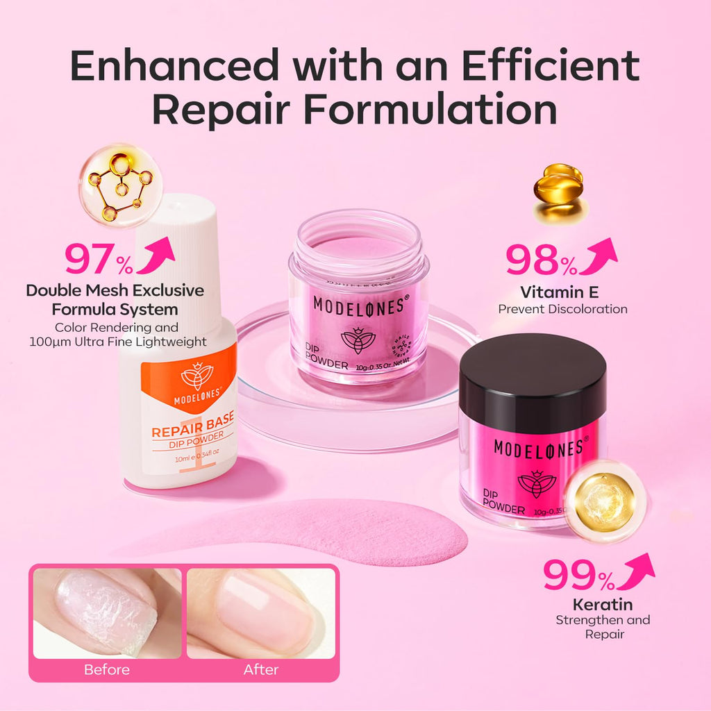 Modelones Dip Powder Nail Kit — 4 Colors Hot Pink, Red, Rose, Glitter Rose; No Lamp Needed