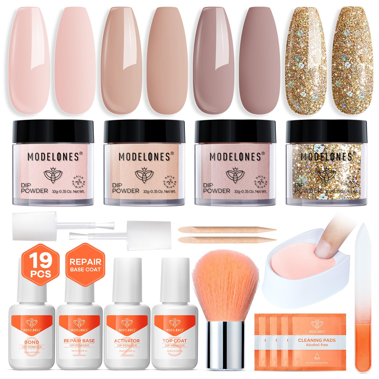 Modelones Nude Dip Powder Nail Kit — 4 Colors, No Lamp Needed, Complete DIY French Nail Starter Set