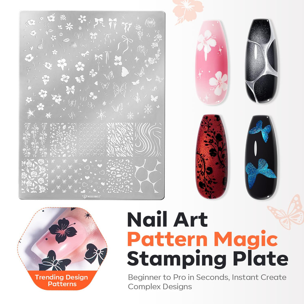 Modelones 16 PCS Gel Nail Stamping Plate Set – French Tip Kit, Chrome Powder, Matte Top Coat