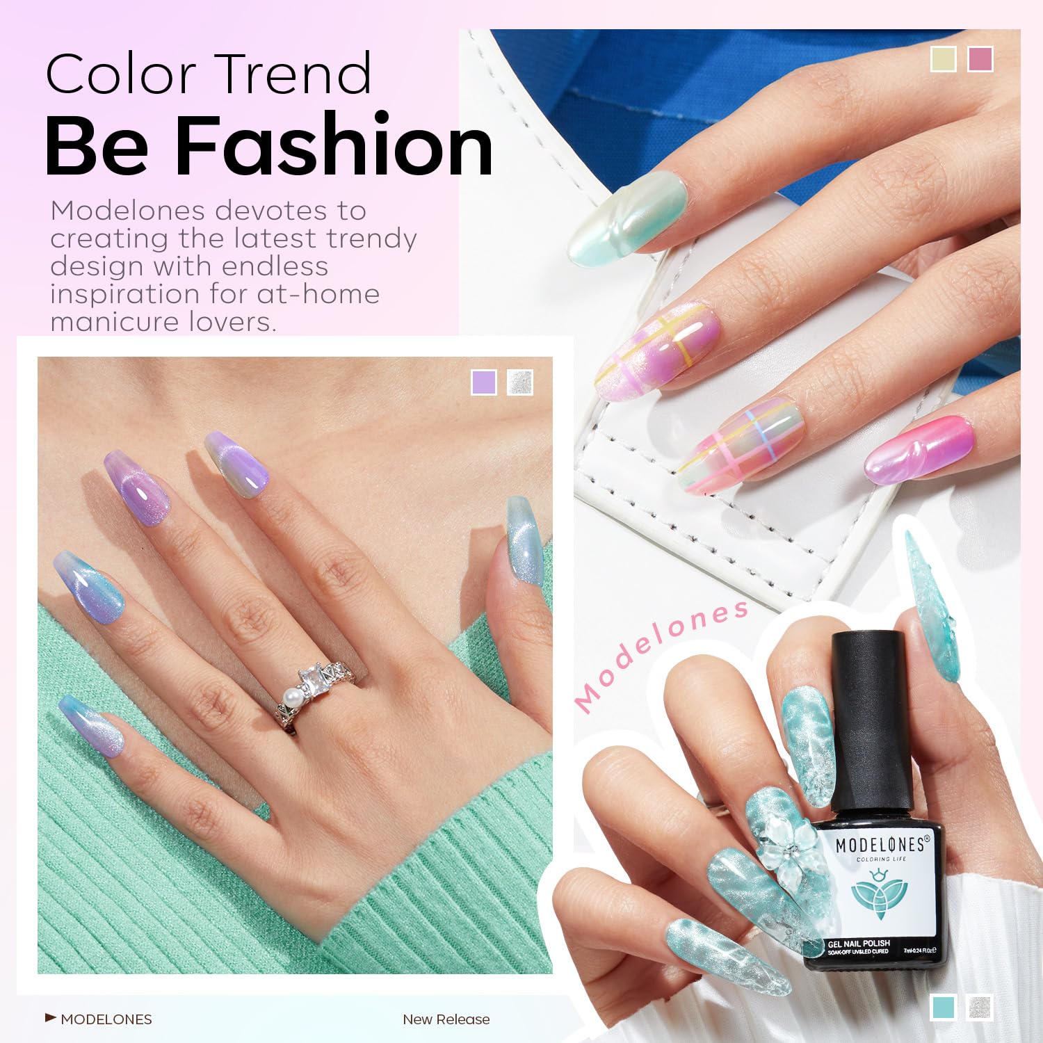 modelones Gel Nail Polish Set — 6 Colors for Spring 2026, Silver Cat Eye & Jelly Pastels